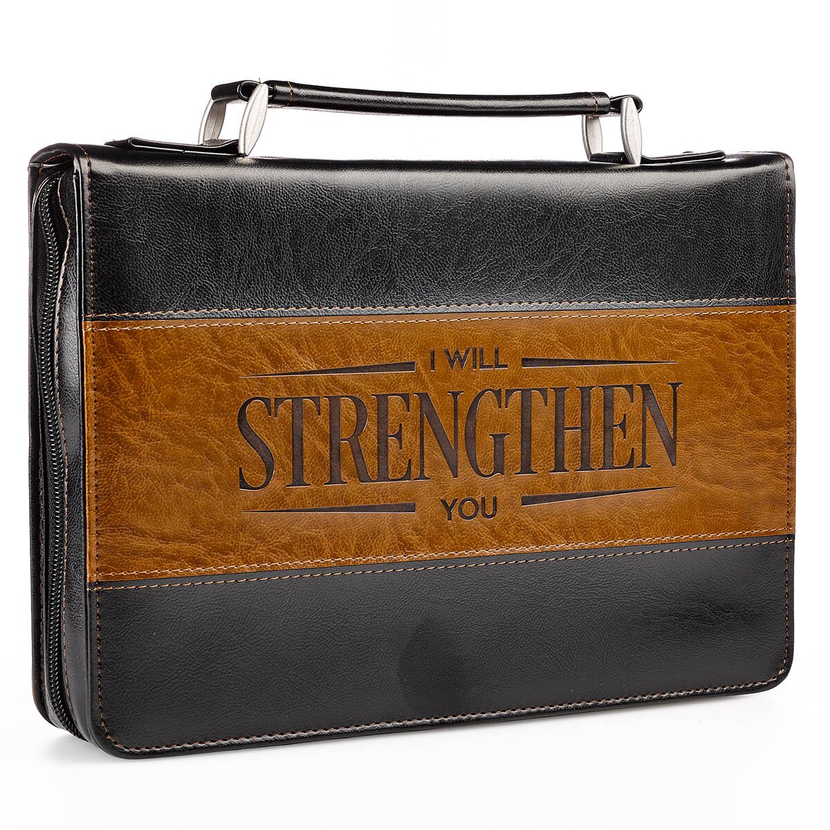 I Will Strengthen You Black and Brown Faux Leather Classic Bible Cover - Isaiah 41:10