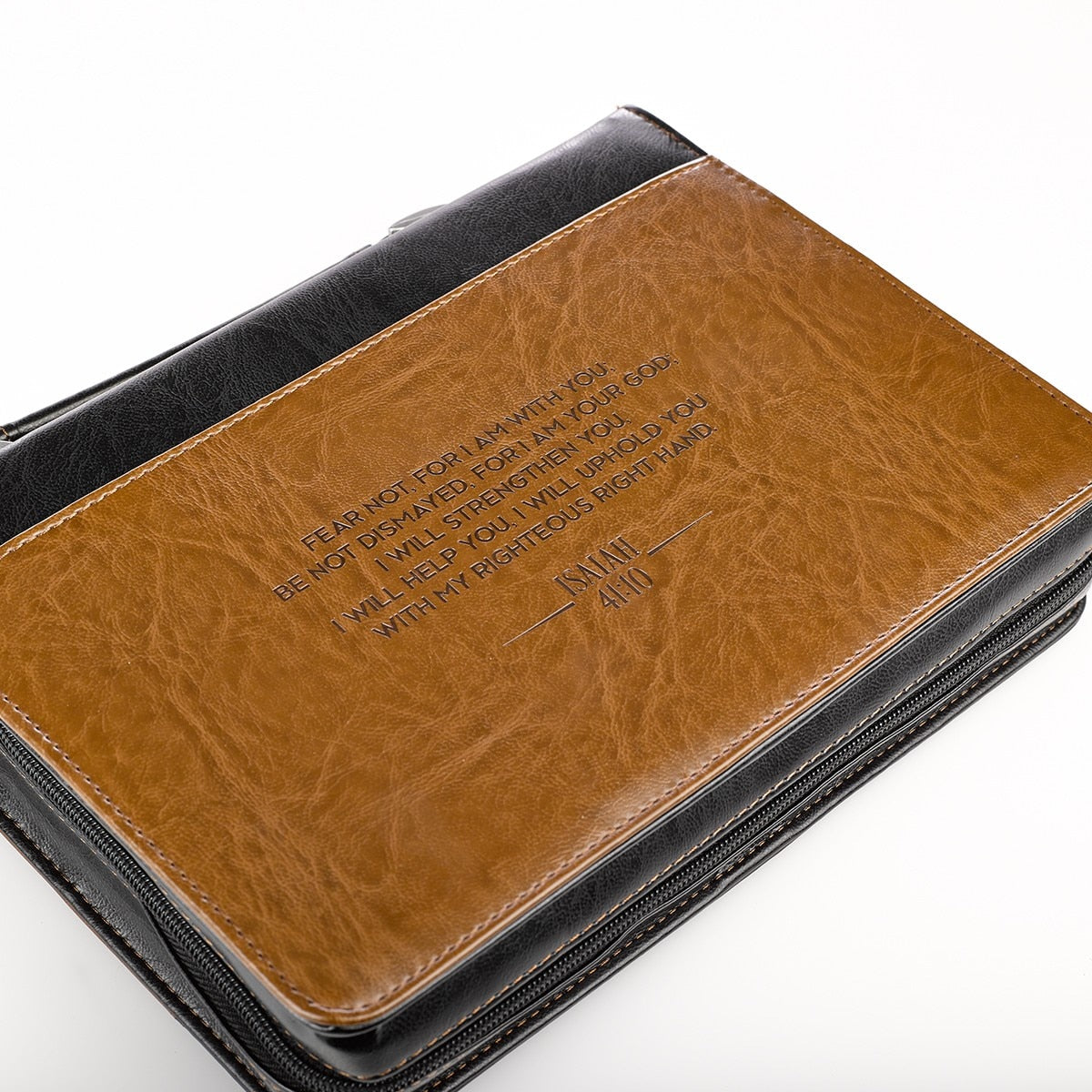 I Will Strengthen You Black and Brown Faux Leather Classic Bible Cover - Isaiah 41:10