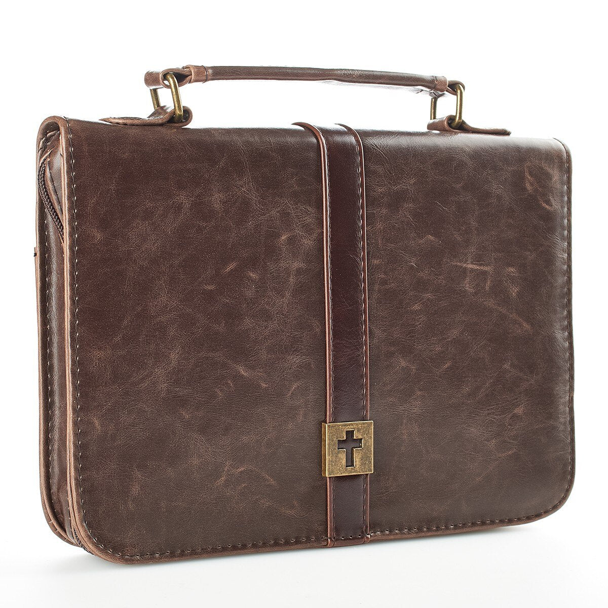 Brown Distressed Faux Leather Classic Bible Cover with Cross Badge