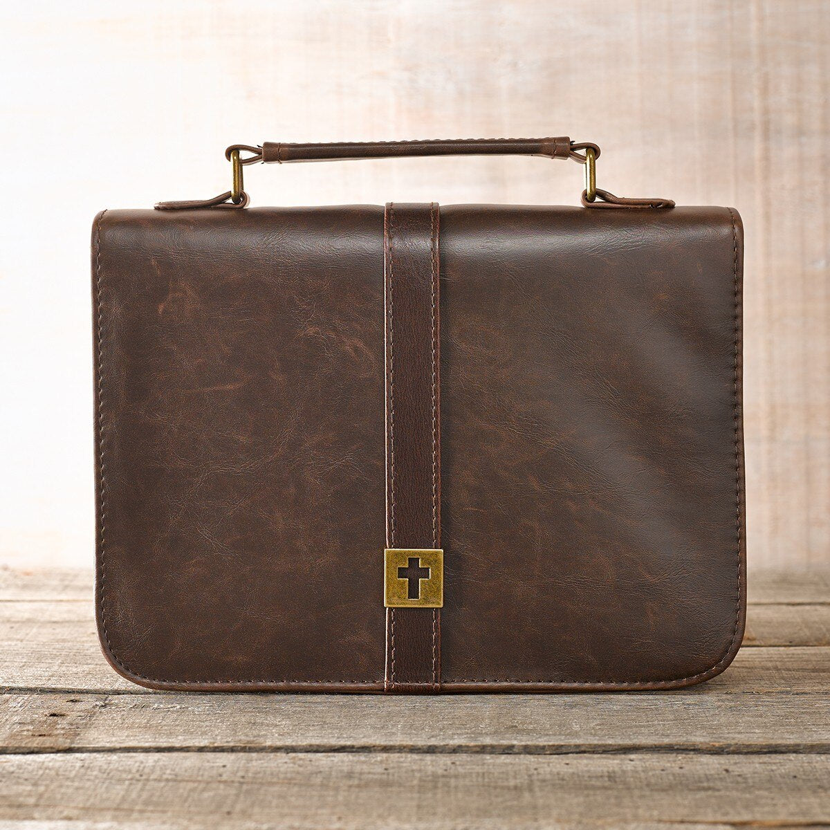 Brown Distressed Faux Leather Classic Bible Cover with Cross Badge