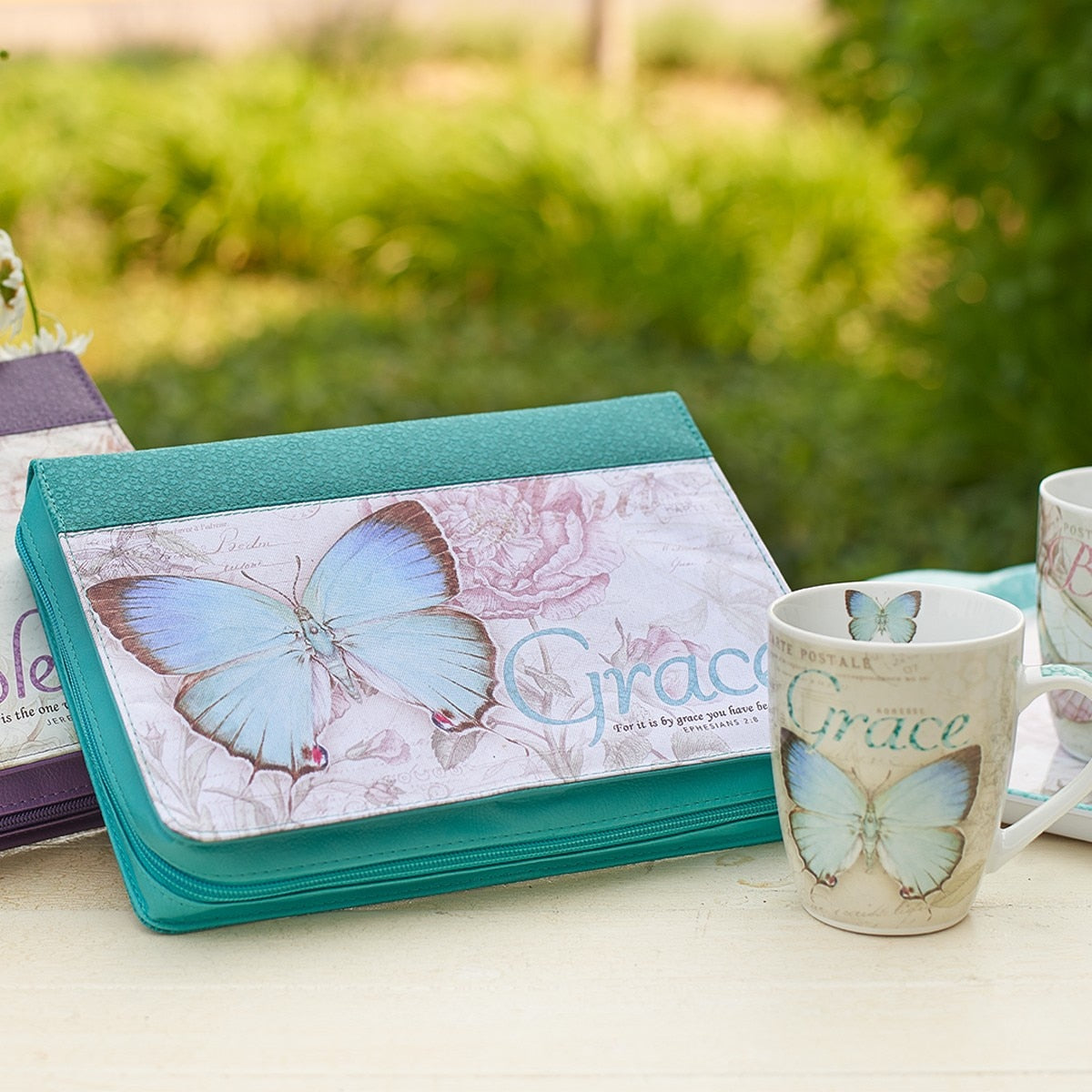 Grace Butterfly Blessings Teal Faux Leather Fashion Bible Cover - Ephesians 2:8