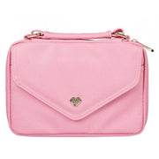 Pink Faux Leather Fashion Bible Cover with Decorative Flap and Metal Heart Badge