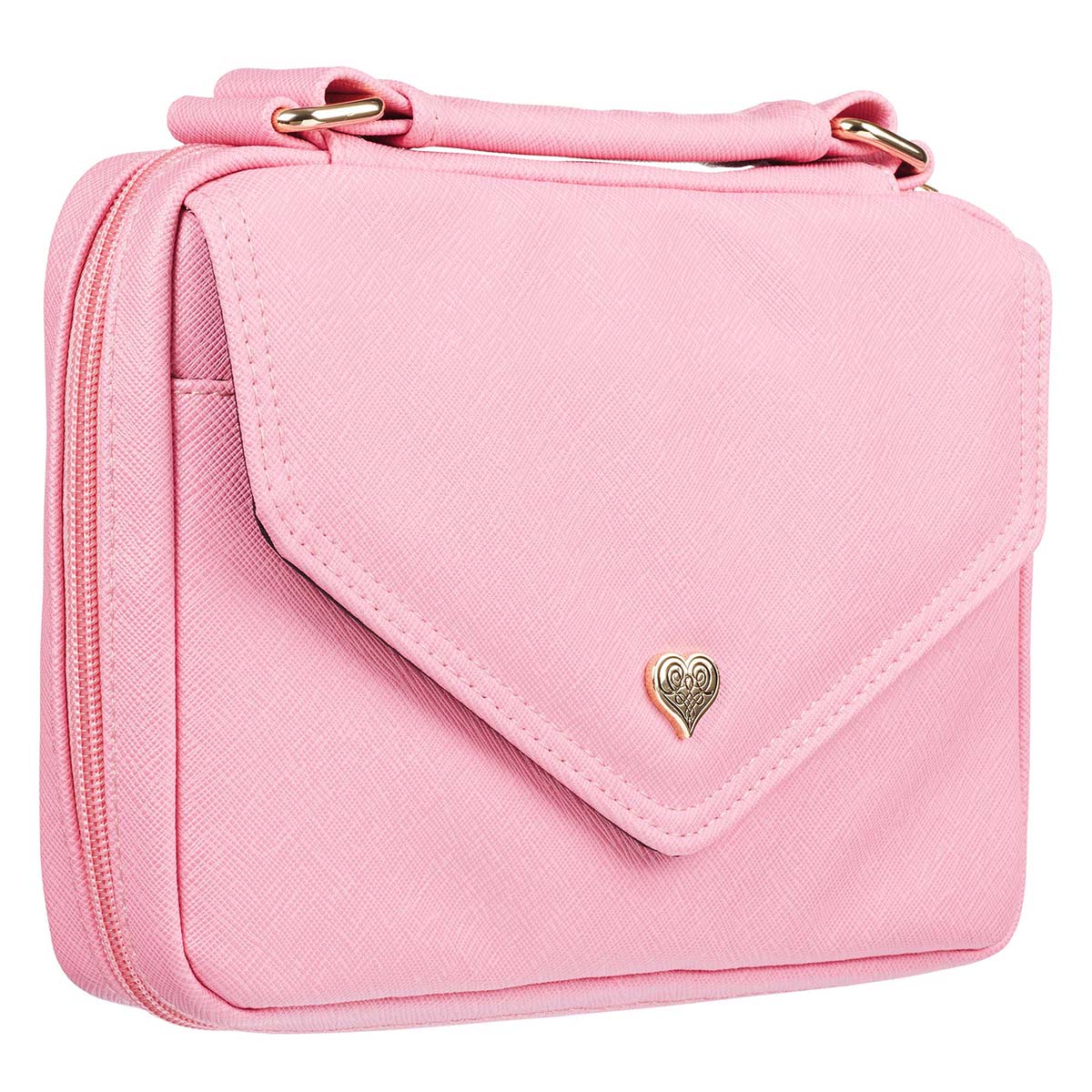 Pink Faux Leather Fashion Bible Cover with Decorative Flap and Metal Heart Badge