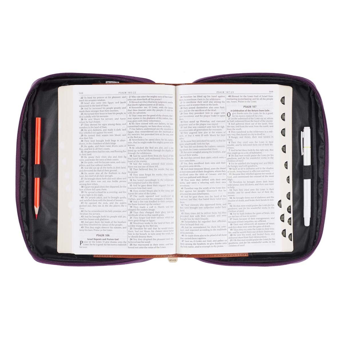Purple Faux Leather Fashion Bible Cover with Decorative Flap and Metal Heart Badge