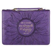 Purple Sunflower Strength & Dignity Faux Leather Fashion Bible Cover - Proverbs 31:25