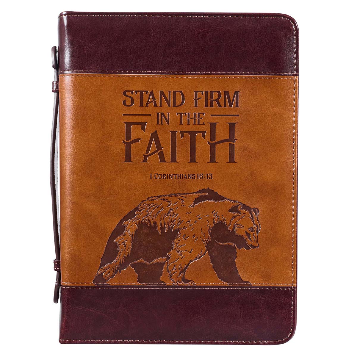 Stand Firm Two-tone Brown Faux Leather Classic Bible Cover - 1 Corinthians 16:13