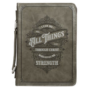 All Things Filigree Gray Faux Leather Classic Bible Cover - Philippians 4:13