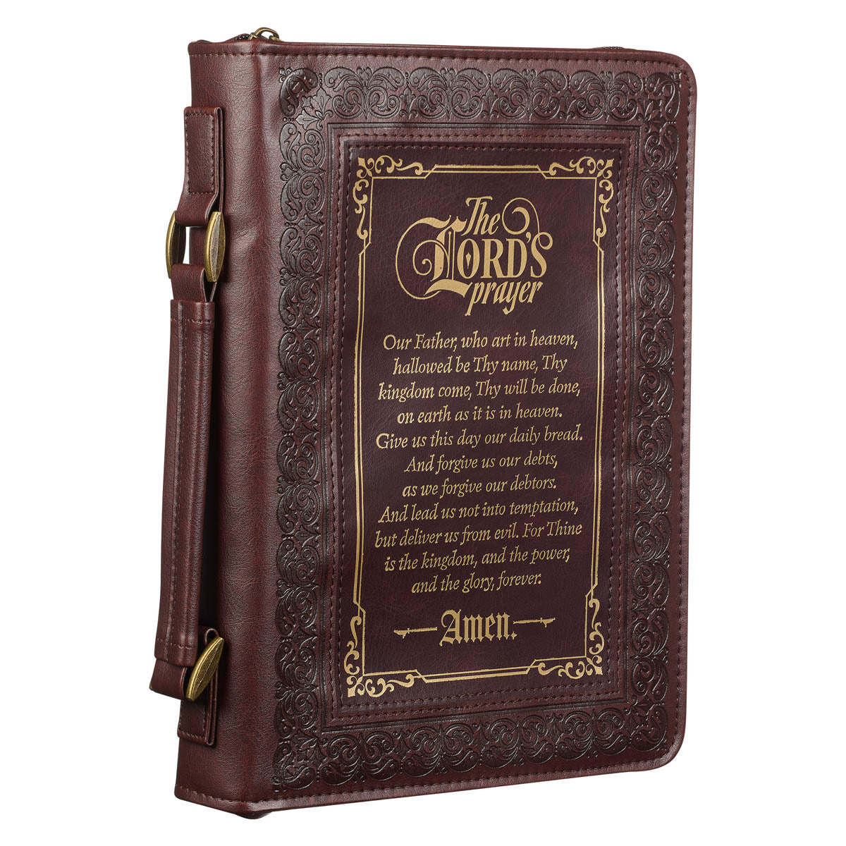 The LORD's Prayer Walnut and Burgundy Faux Leather Classic Bible Cover - Matthew 6: 9-13