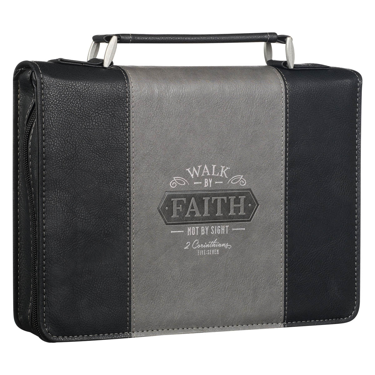 Walk by Faith Black and Gray Faux Leather Classic Bible Cover - 2 Corinthians 5:7