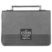 Be Strong in the Lord Gray and Black Faux Leather Classic Bible Cover - Ephesians 6:10