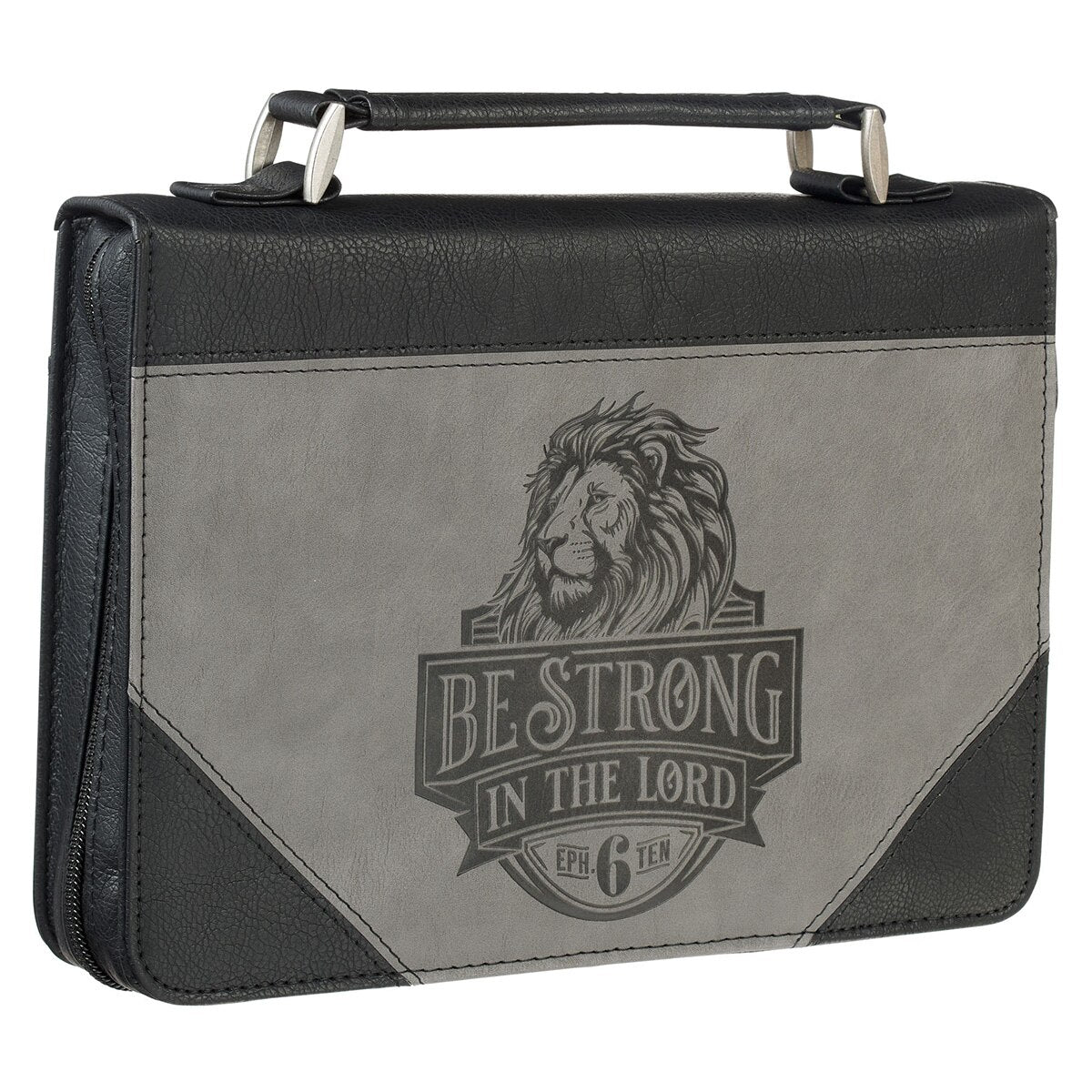 Be Strong in the Lord Black and Gray Lion Faux Leather Classic Bible Cover - Ephesians 6:10