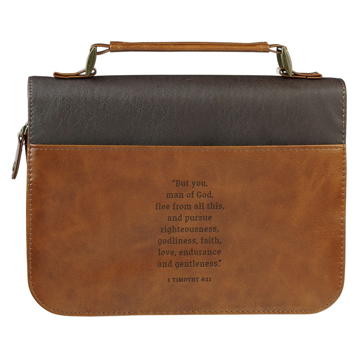 Man of God Honey-Brown and Espresso Faux Leather Bible Cover - 1 Timothy 6:11