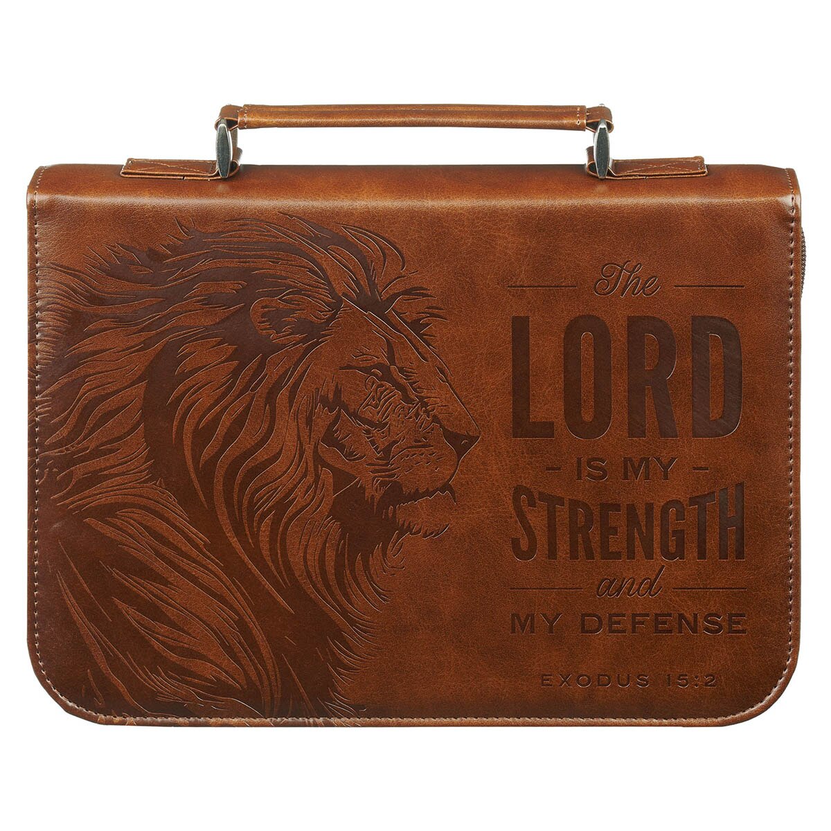 The Lord is My Strength Lion Honey-brown Faux Leather Classic Bible Cover - Exodus 15:2