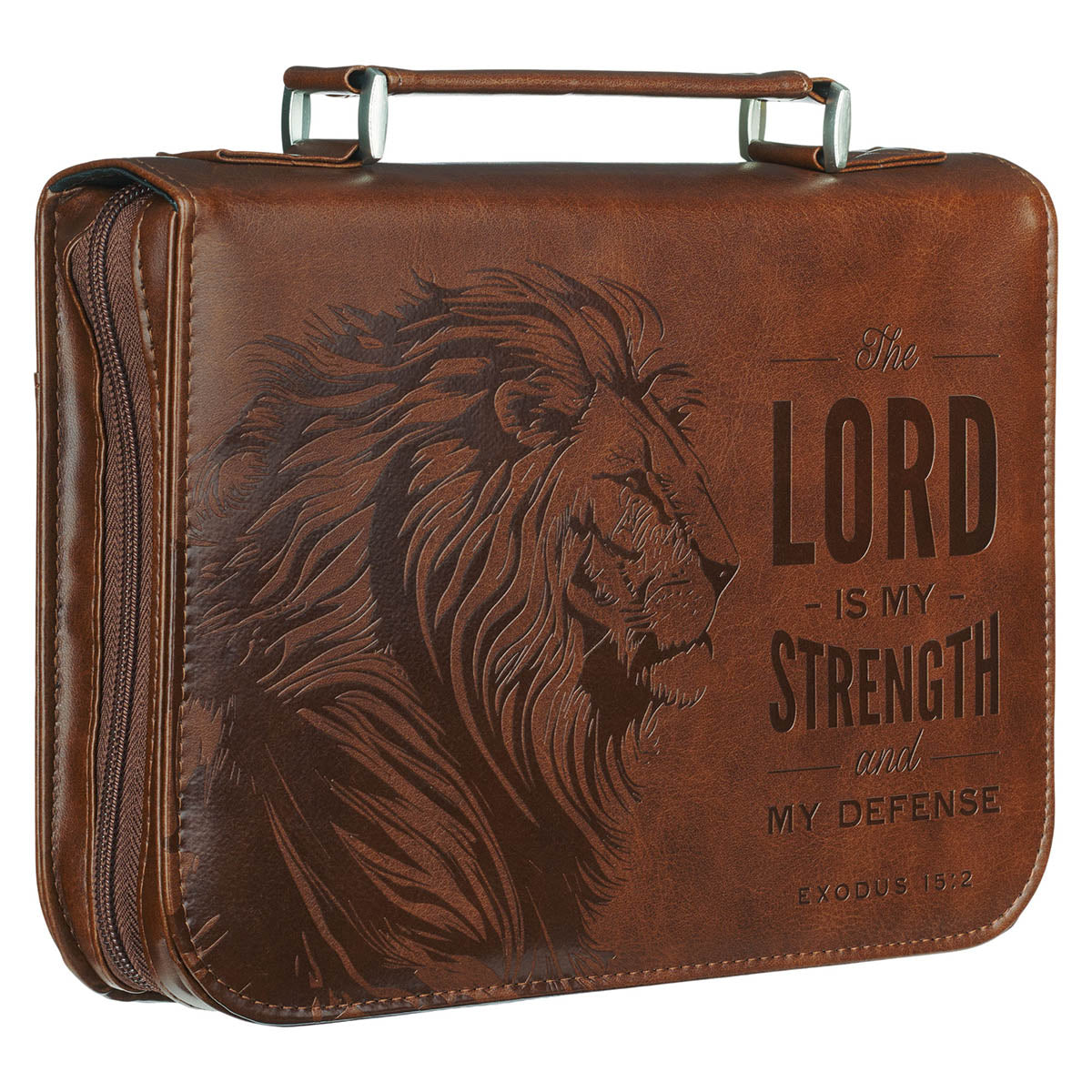 The Lord is My Strength Lion Honey-brown Faux Leather Classic Bible Cover - Exodus 15:2