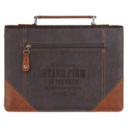 Stand Firm Espresso and Honey-brown Faux Leather Classic Bible Cover - 1 Corinthians 16:13