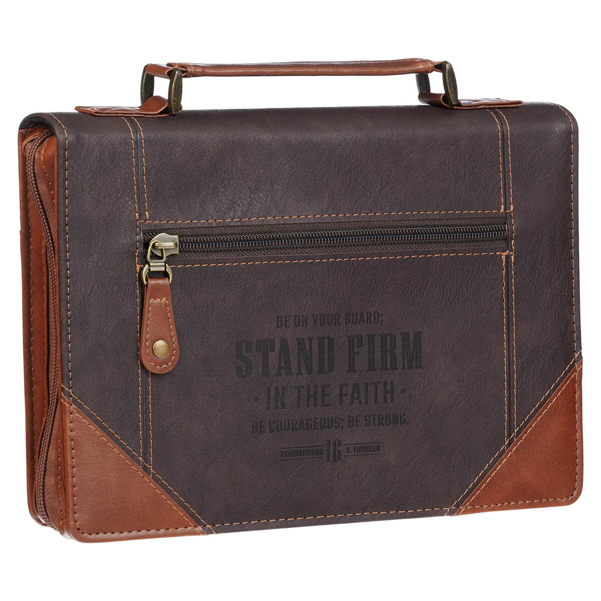 Stand Firm Espresso and Honey-brown Faux Leather Classic Bible Cover - 1 Corinthians 16:13