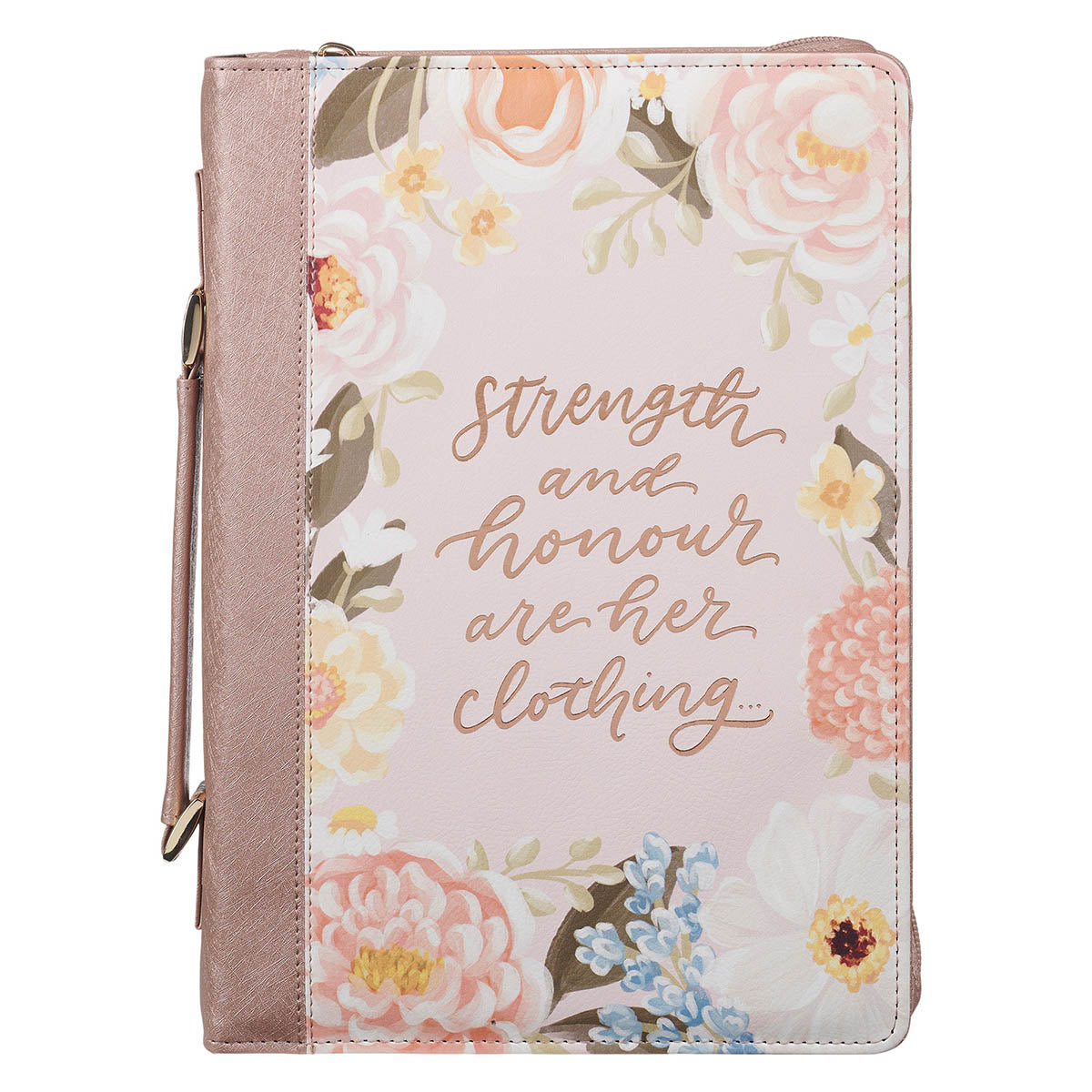 Strength and Honor Pink Floral Faux Leather Fashion Bible Cover - Proverbs 31:25