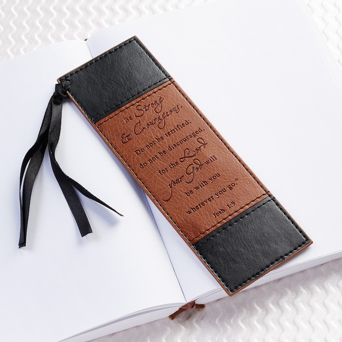 Strong & Courageous Black and Tan Faux Leather Bookmark - Joshua 1:9