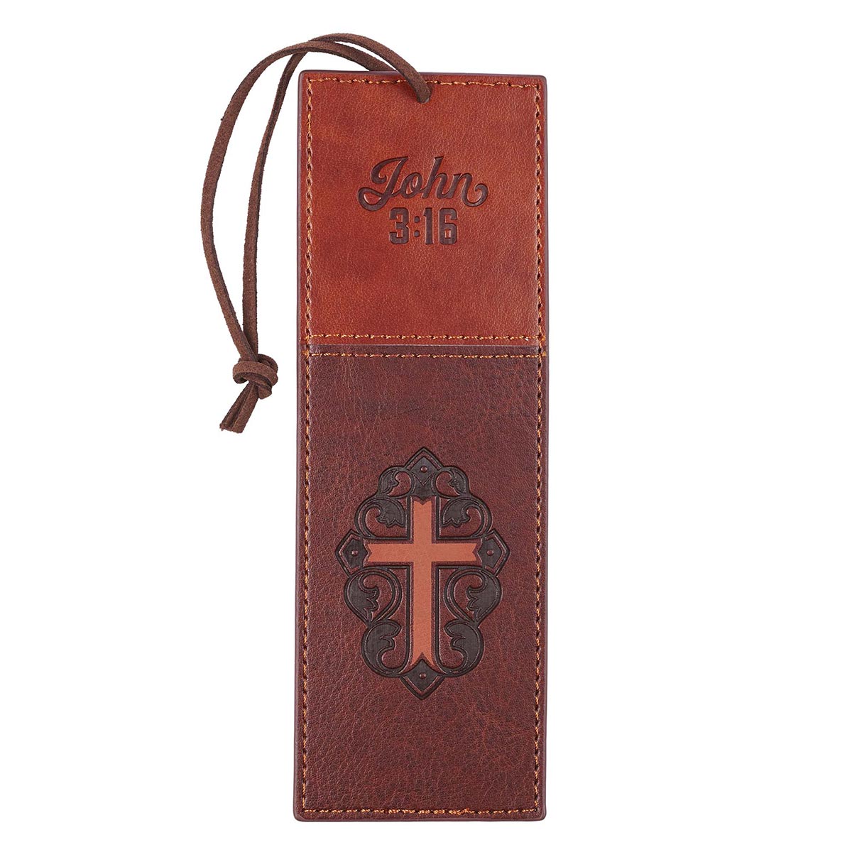 John 3:16 Collection Two-Tone Brown Faux Leather Bookmark  With Cross