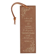 When She Speaks Faux Leather Bookmark - Proverbs 31:26