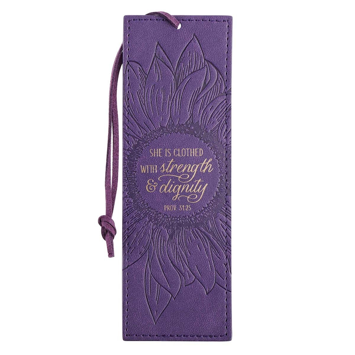 Strength and Dignity Purple Sunflower Faux Leather Bookmark - Proverbs 31:25