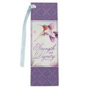 Strength and Dignity Hummingbird Purple Faux Leather Bookmark - Proverbs 31:25