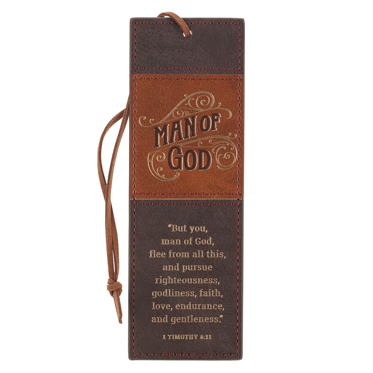 Man of God Honey-brown and Espresso Faux Leather Bookmark - 1 Timothy 6:11