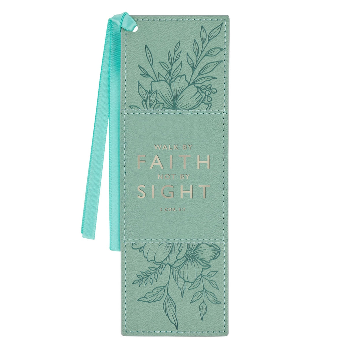Faith Teal Floral Faux Leather Bookmark - 2 Corinthians 5:7