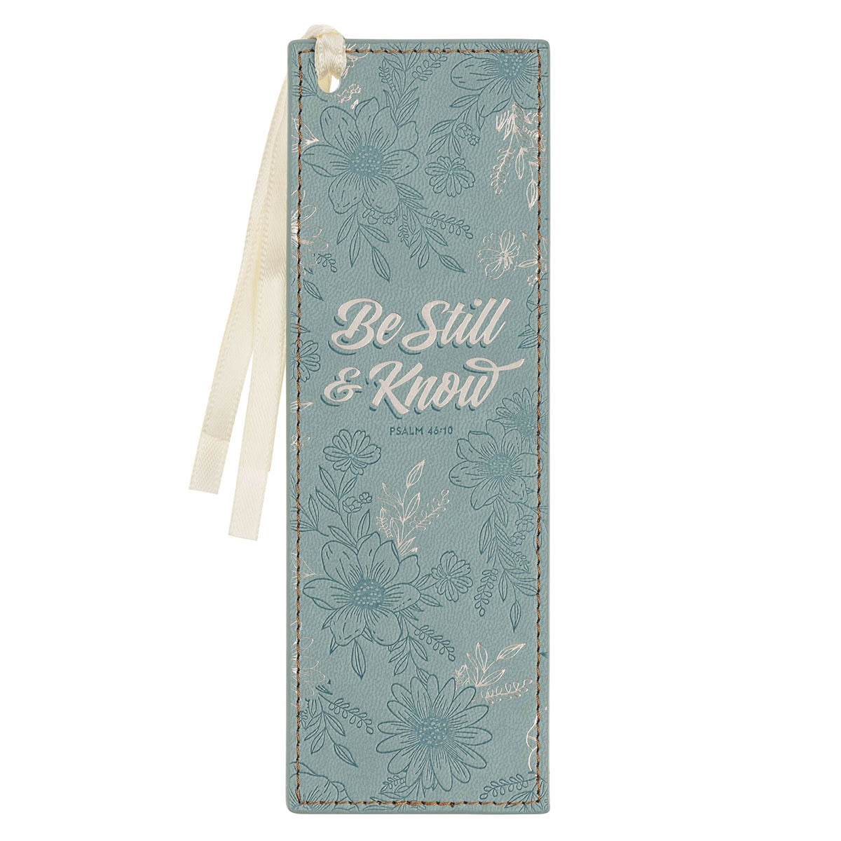 Be Still Teal Floral Faux Leather Bookmark - Psalm 46:10
