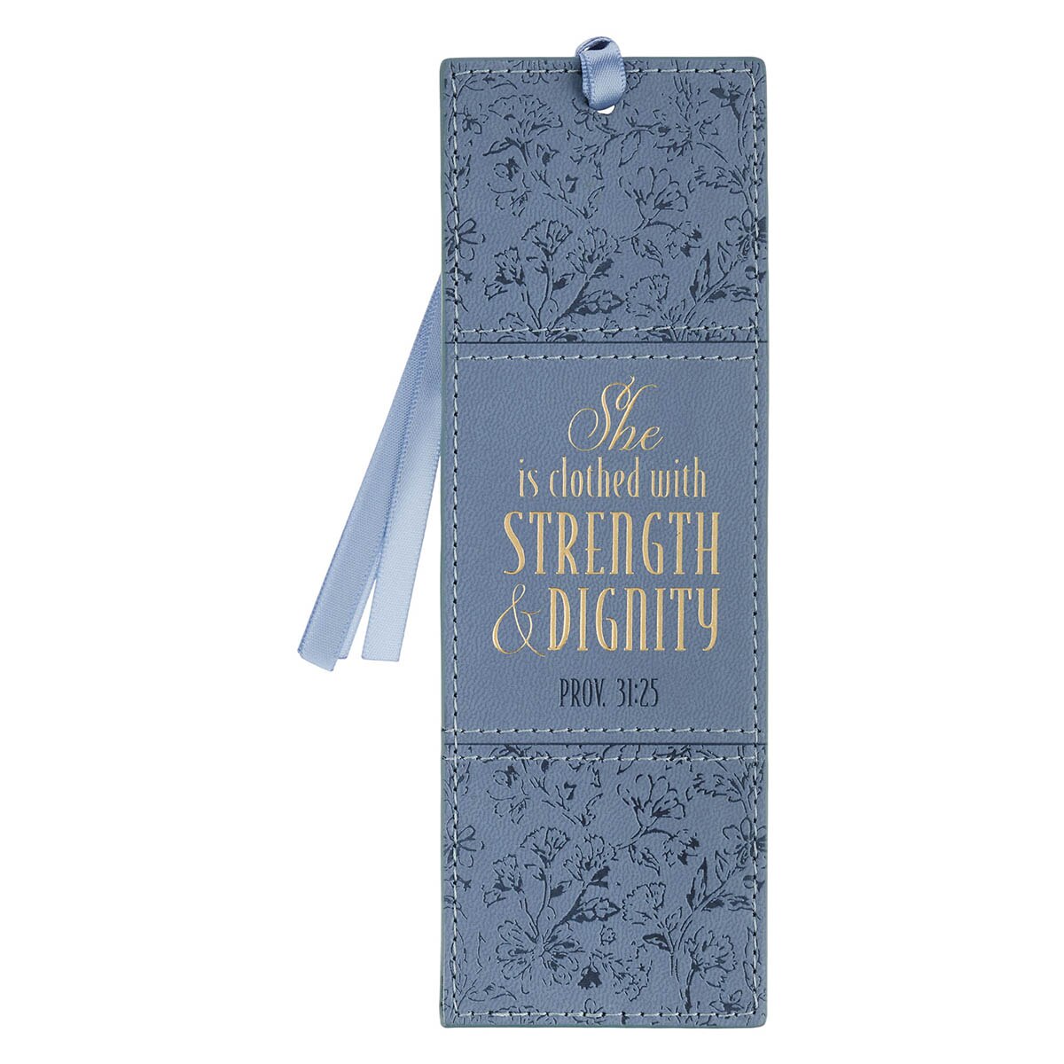 Strength and Dignity Blue Cottage Garden Faux Leather Bookmark - Proverbs 31:25