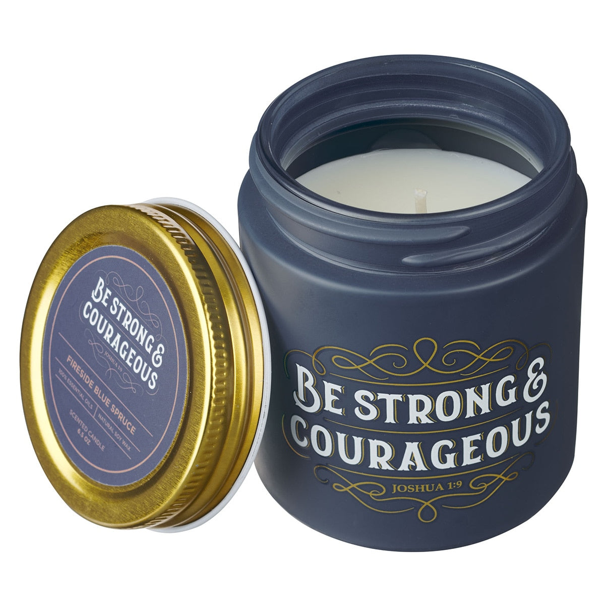 Be Strong and Courageous Fireside Blue Spruce Scented Candle in a Glass Jar - Joshua 1:9