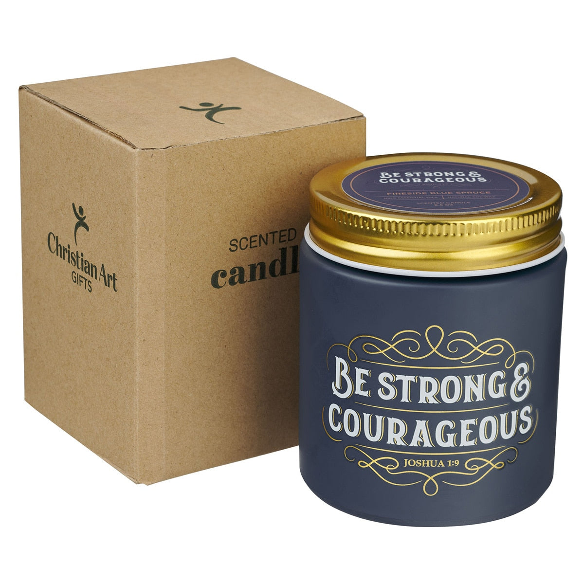 Be Strong and Courageous Fireside Blue Spruce Scented Candle in a Glass Jar - Joshua 1:9