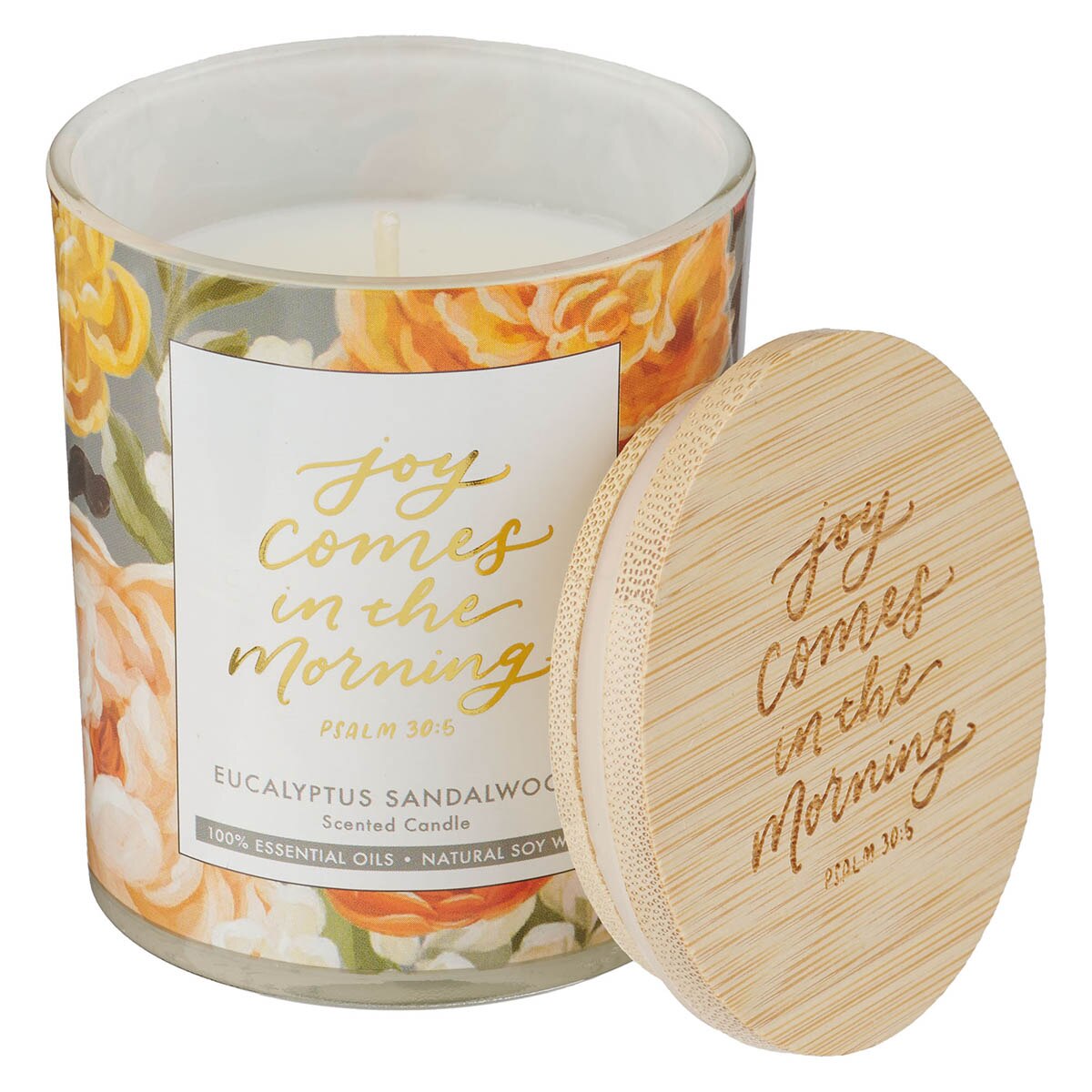 Joy Comes in the Morning Eucalyptus Sandalwood Scented Candle in a Glass Jar - Psalm 30:5