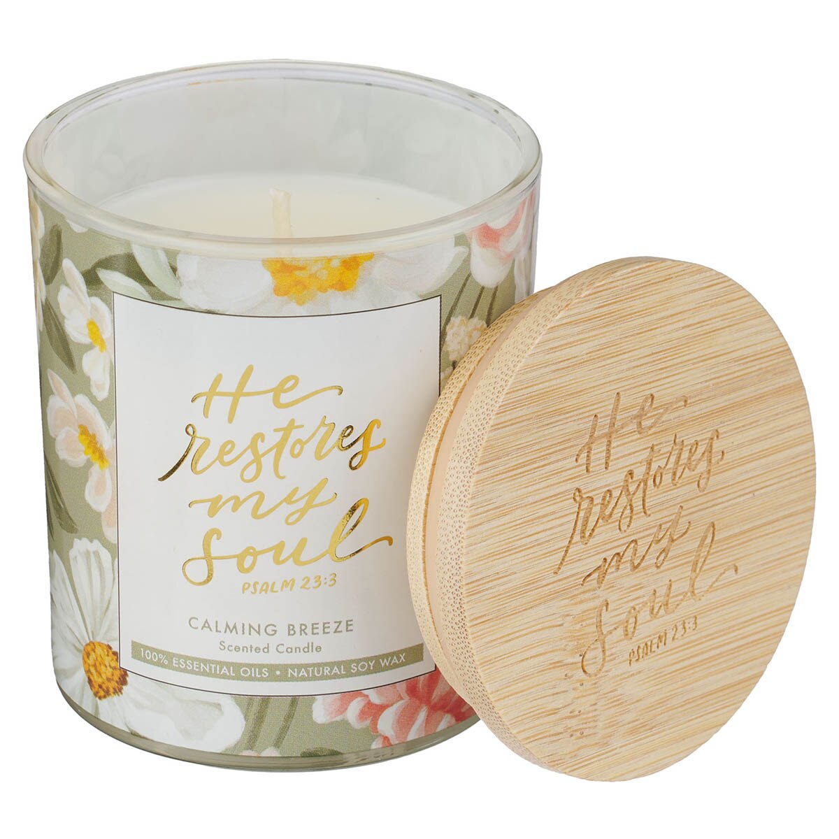 He Restores My Soul Calming Breeze Scented Candle in a Glass Jar - Psalm 23:3