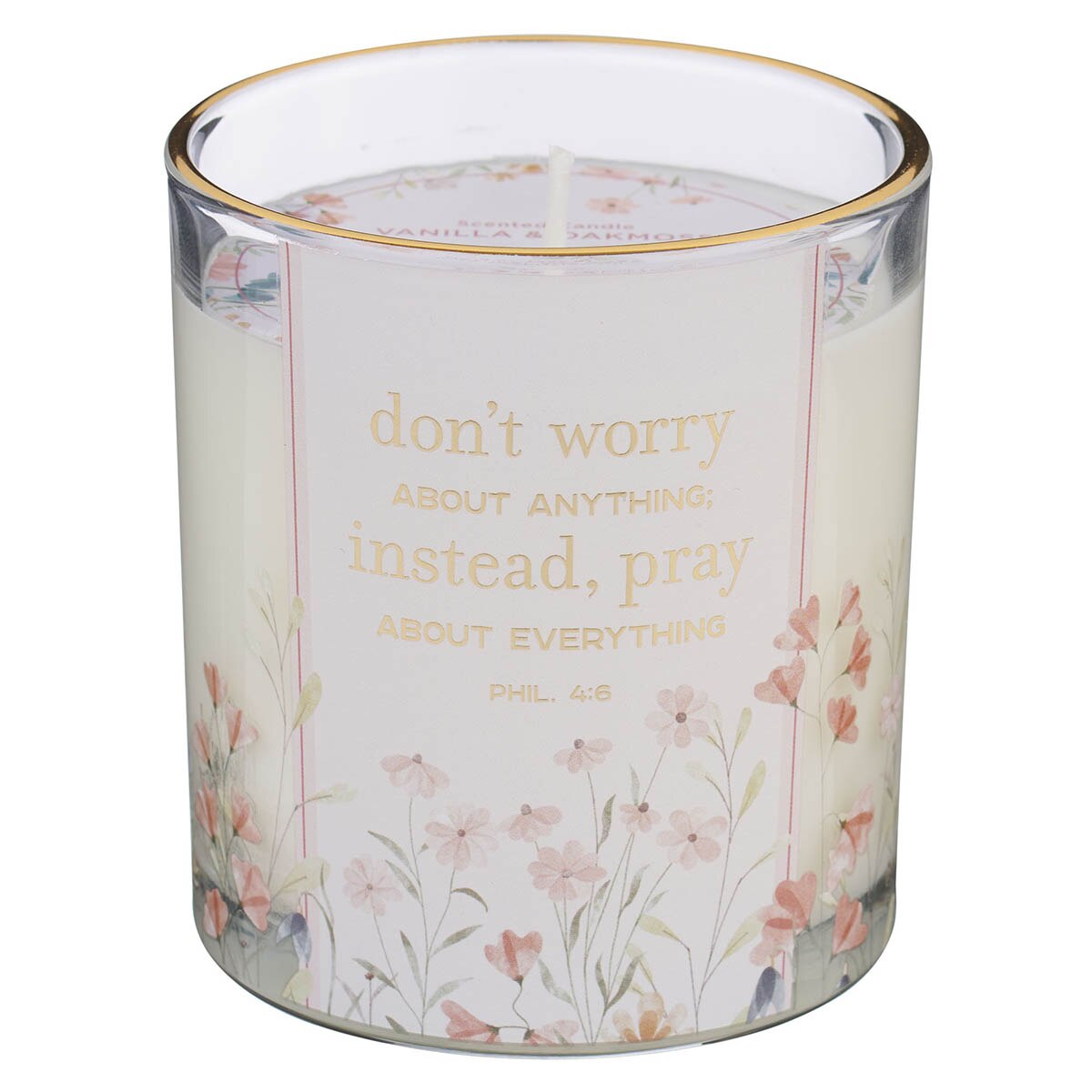 Don't Worry, Instead Pray Vanilla and Oakmoss Scented Candle in a Glass Jar - Philippians 4:6