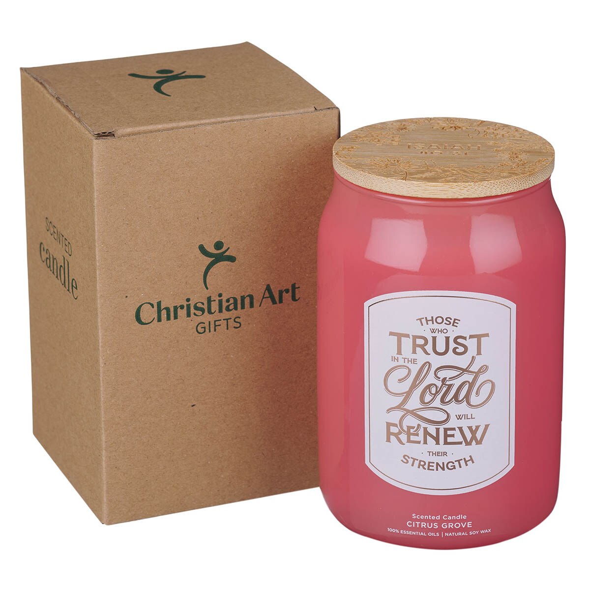 Trust In The Lord Coral Cascade Citrus Grove Scented Glass Candle in a Glass Jar - Isaiah 40:31