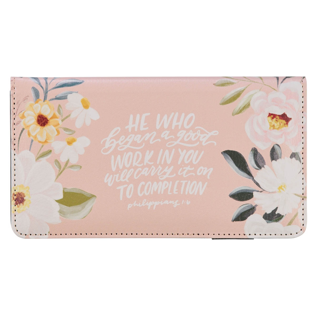 A Good Work Peach Floral Faux Leather Checkbook Wallet - Philippians 1:6