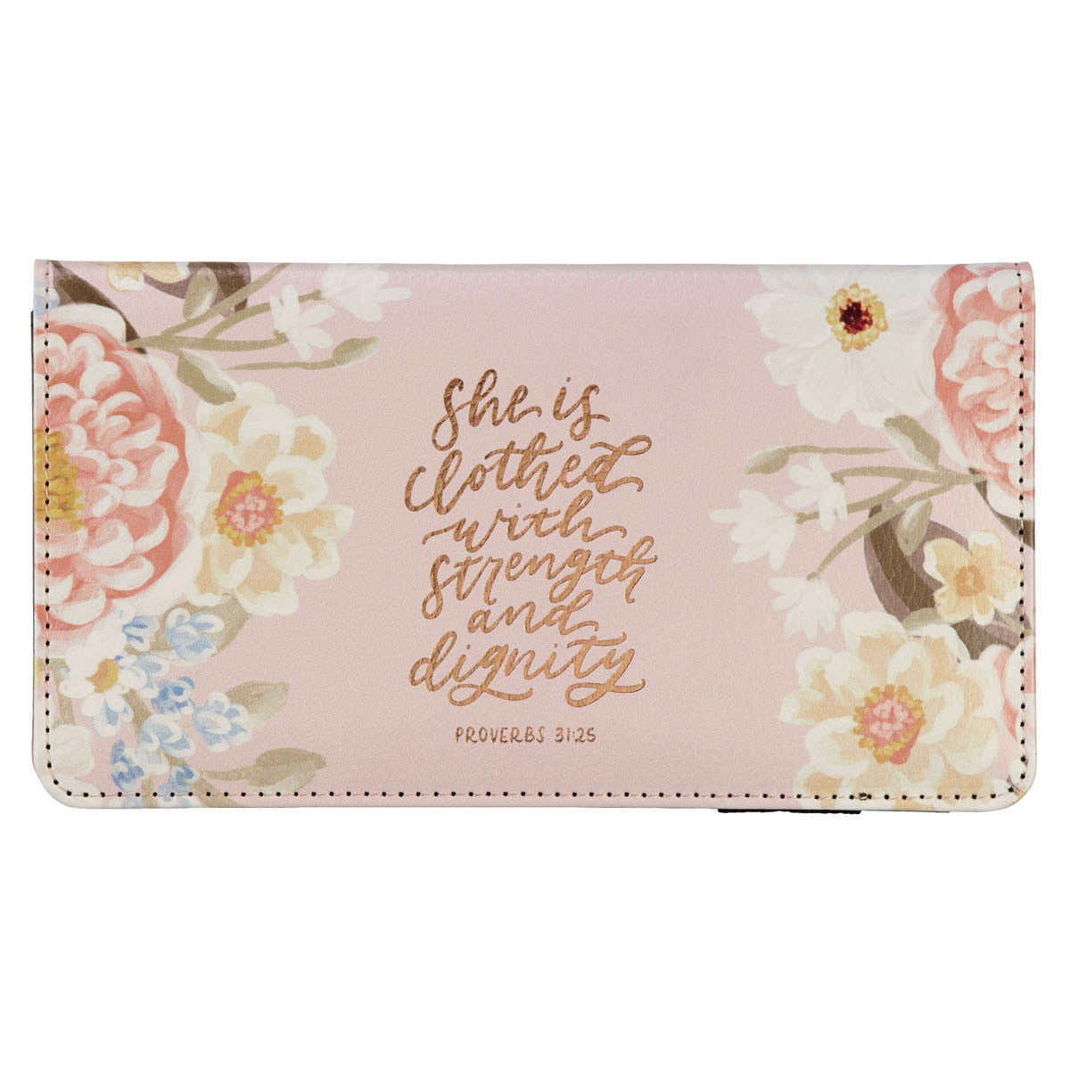 Strength and Dignity Margo Pink Floral Faux Leather Checkbook Wallet - Proverbs 31:25