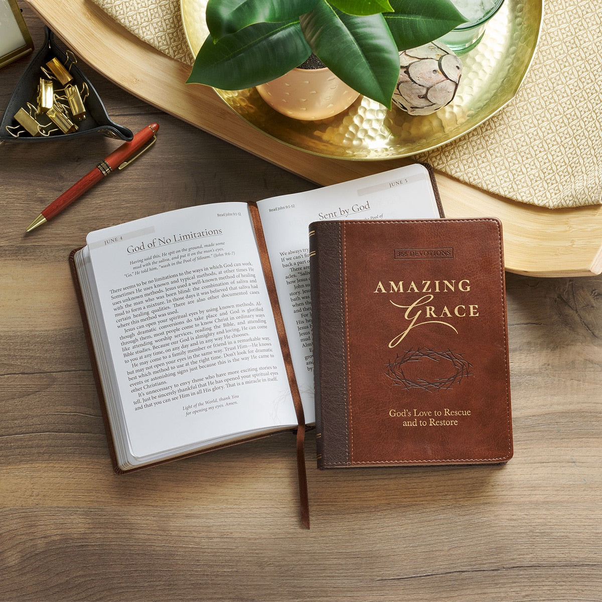 Amazing Grace Two-Tone Brown Faux Leather Daily Devotional