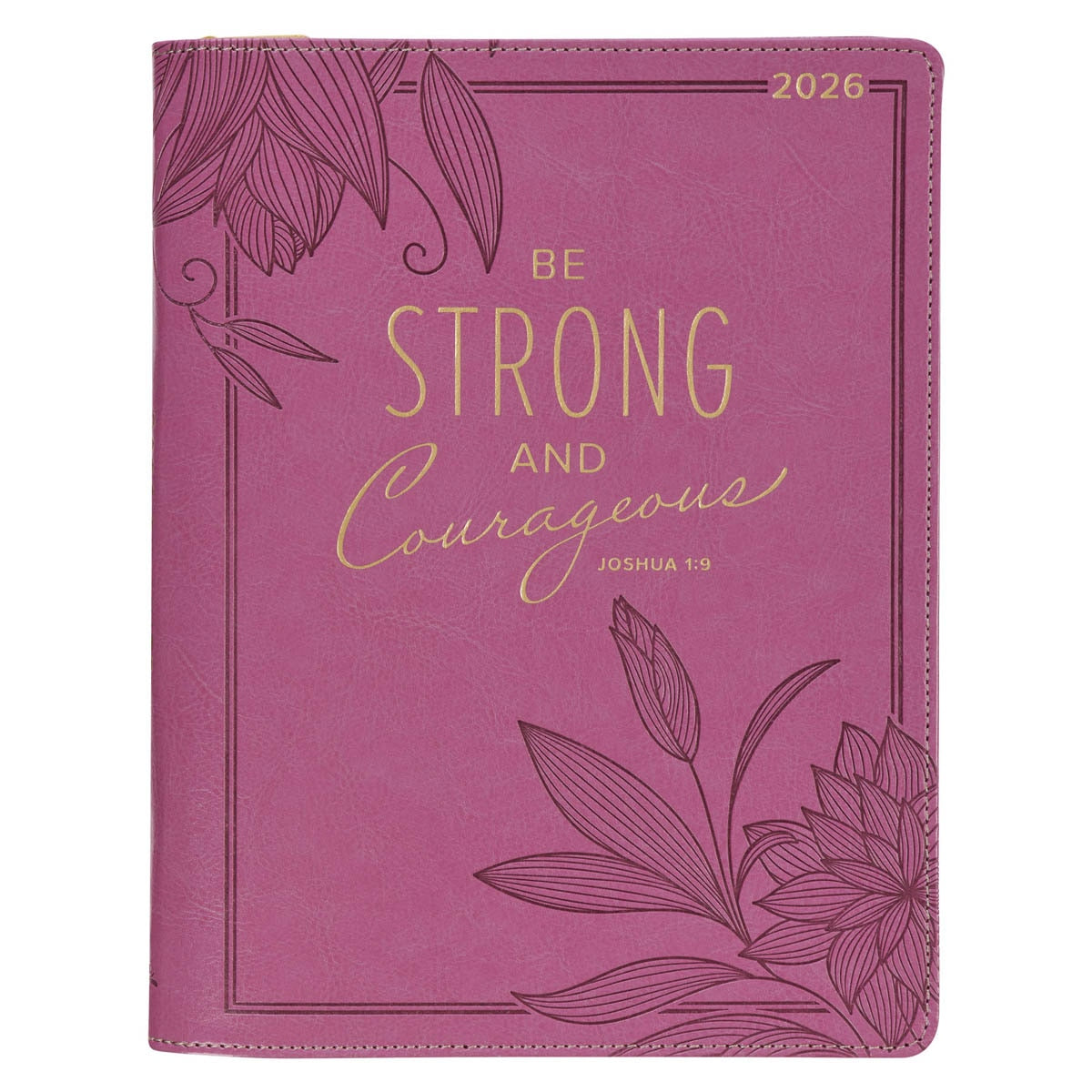 2026 Strong and Courageous Large Bright Pink Faux Leather Zippered 18-month Planner for Women - Joshua 1:9