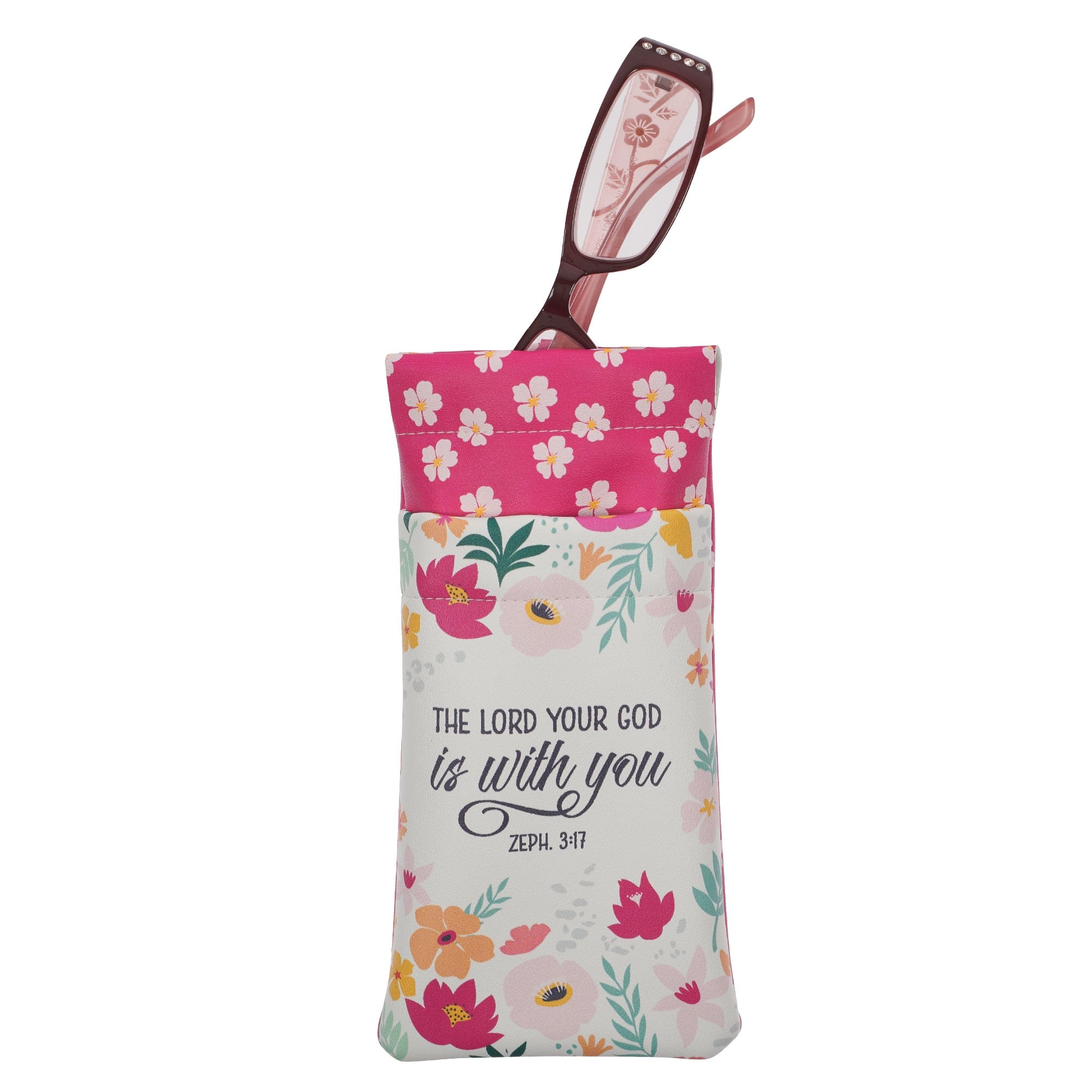 Lord is With You Pink Floral Faux Leather Double Eyeglass Case -  Zephaniah 3:17