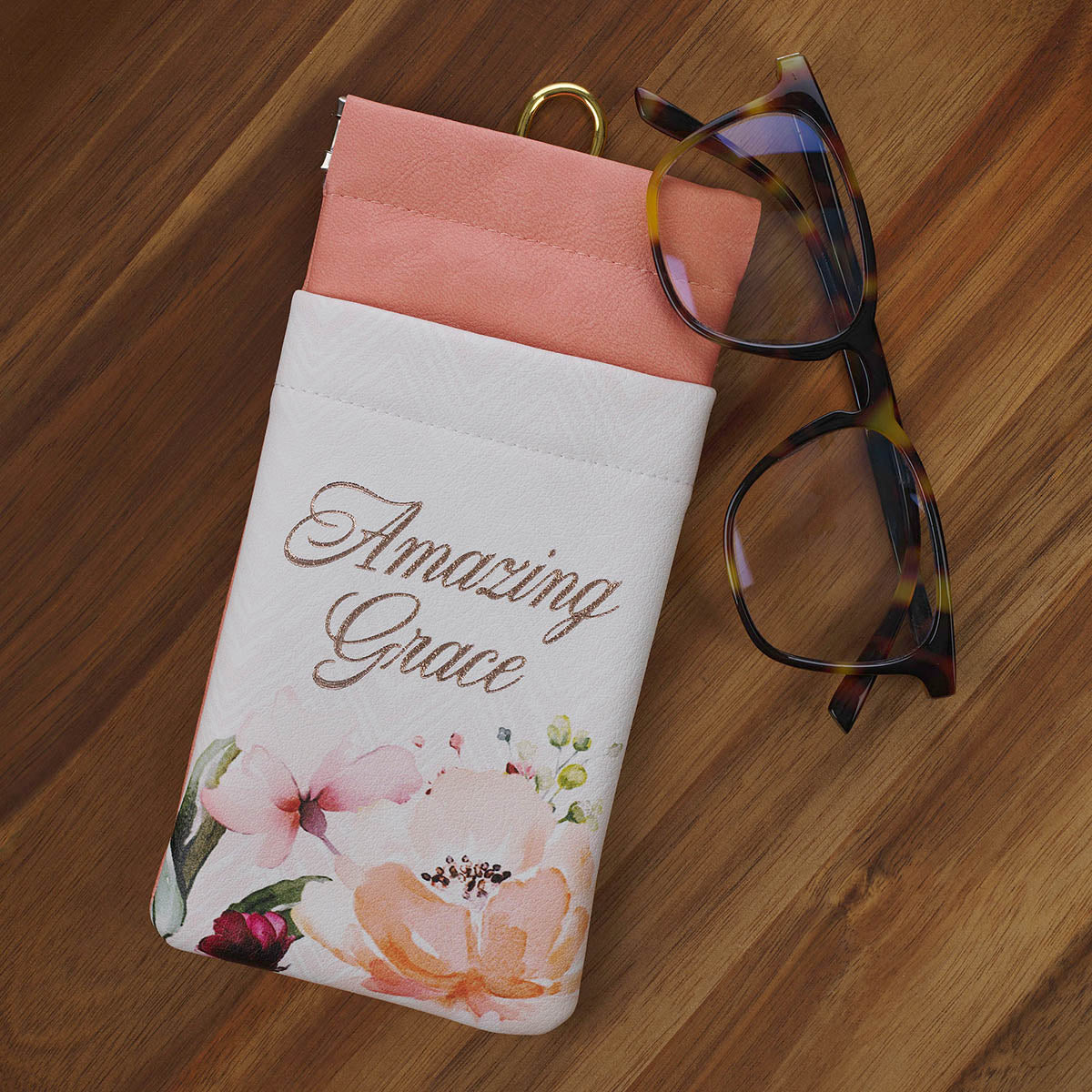 Amazing Grace Cream and Coral Floral Faux Leather Double Eyeglass Case