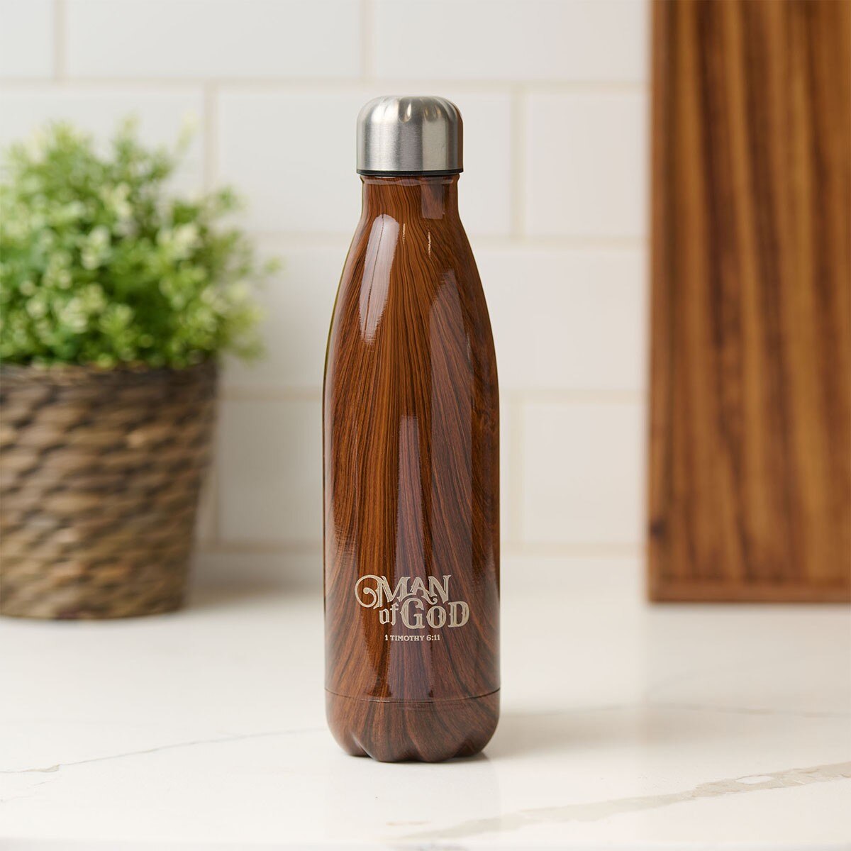 Man of God Wood Design Stainless Steel Water Bottle - 1 Timothy 6:11
