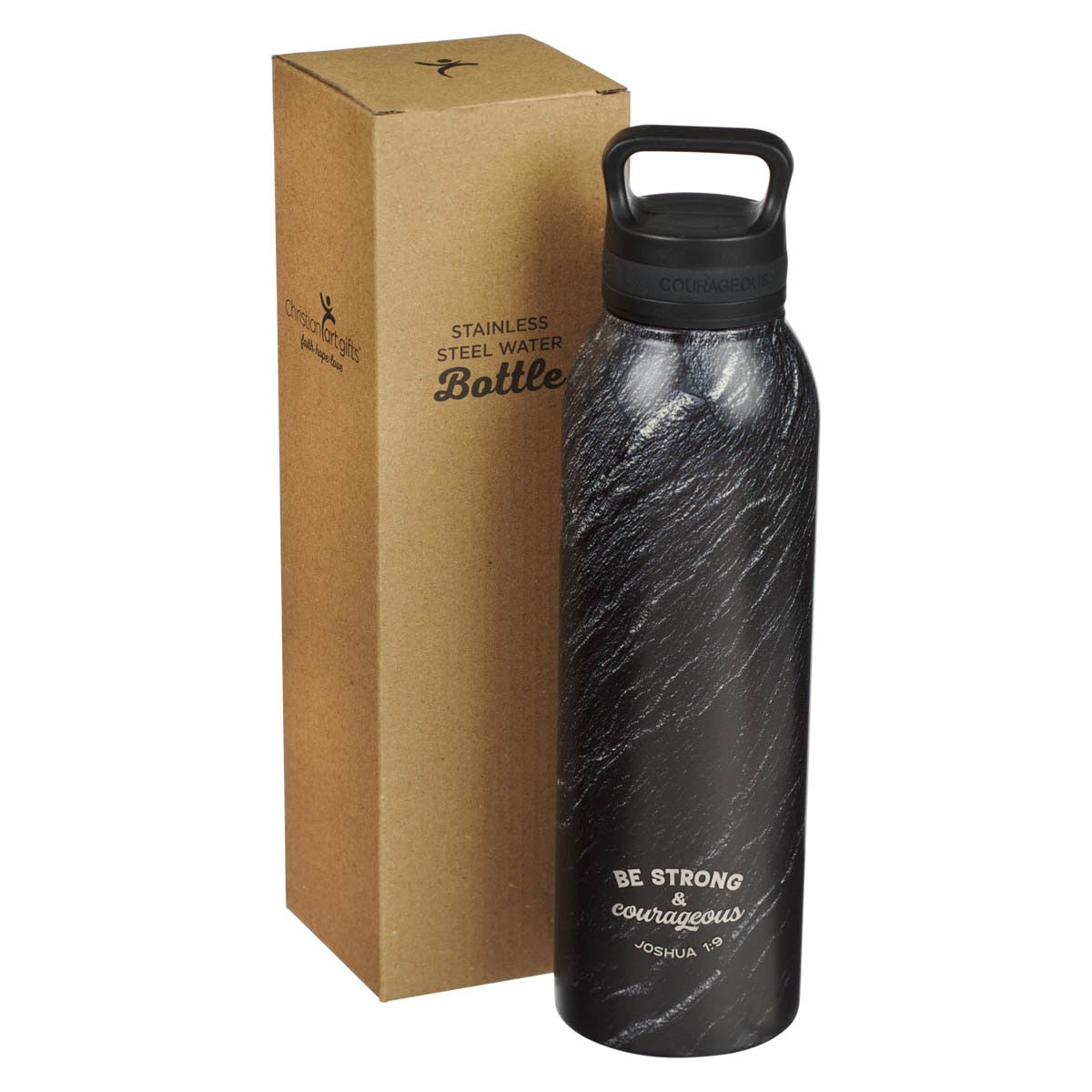 Strong & Courageous Black Stone Stainless Steel Water Bottle - Joshua 1:9