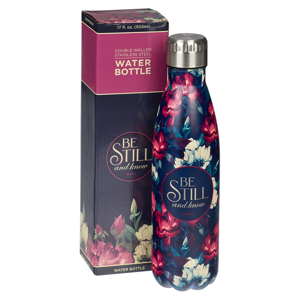 Be Still Vintage Floral Stainless Steel Water Bottle – Psalm 46:10