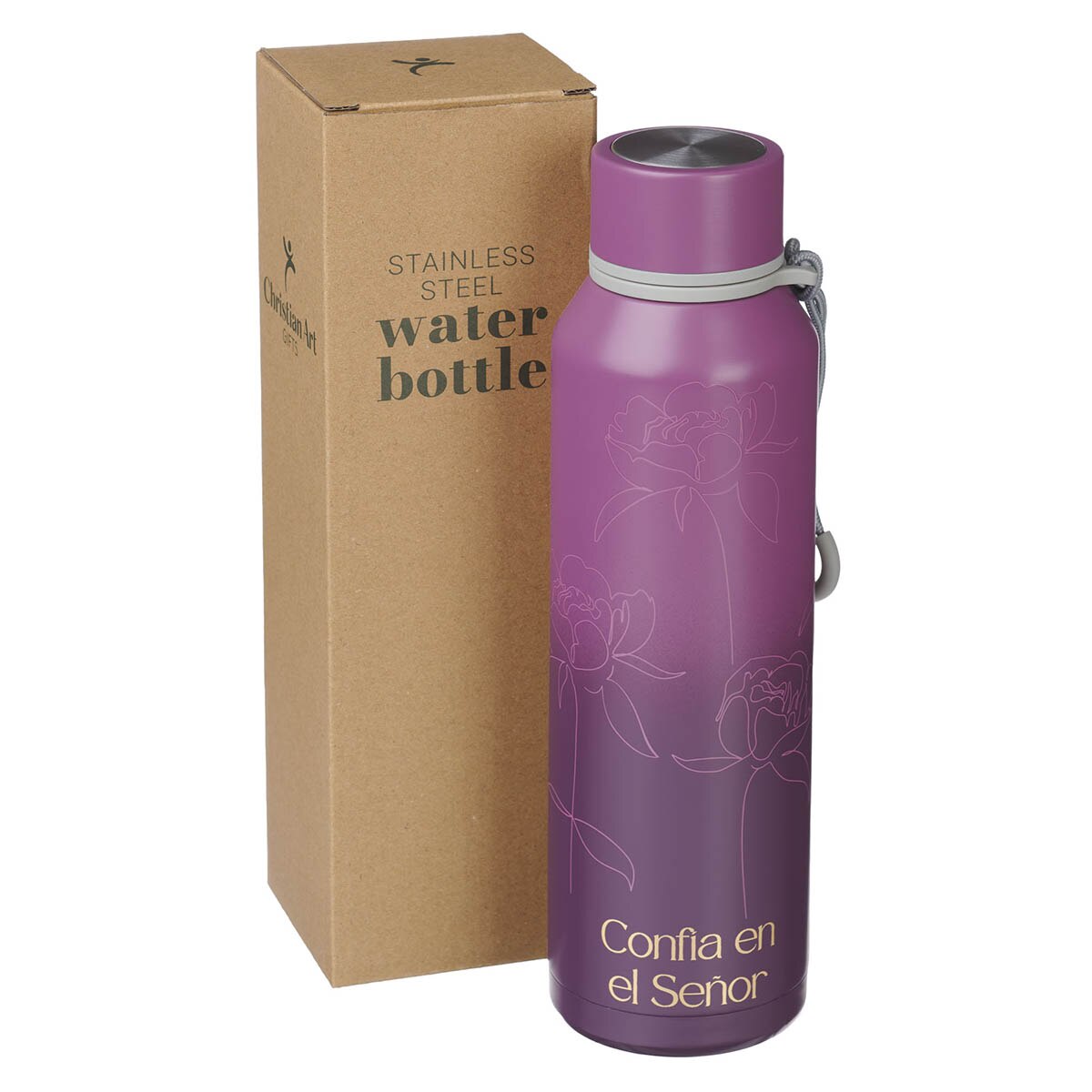 Botella de agua de acero inoxidable Flor de ciruela “Confía en el Señor” - Proverbios 3:5