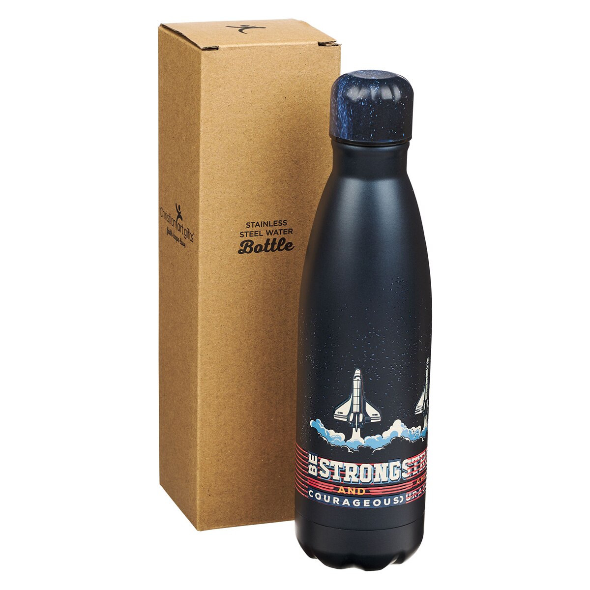 Be Strong and Courageous Blue Space Stainless Steel Water Bottle - Joshua 1:9