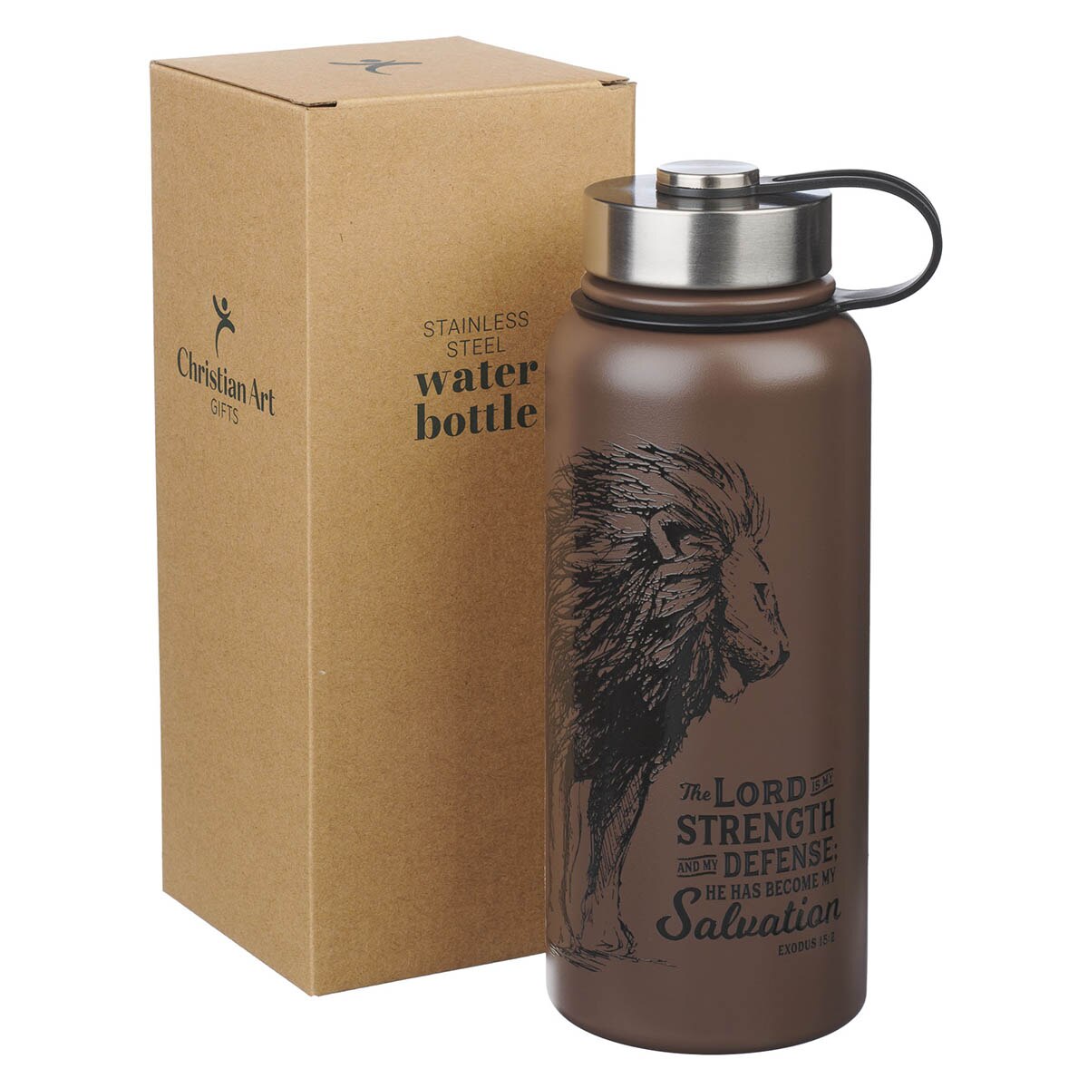 The Lord is My Strength Brown Stainless Steel Water Bottle - Exodus 15:2