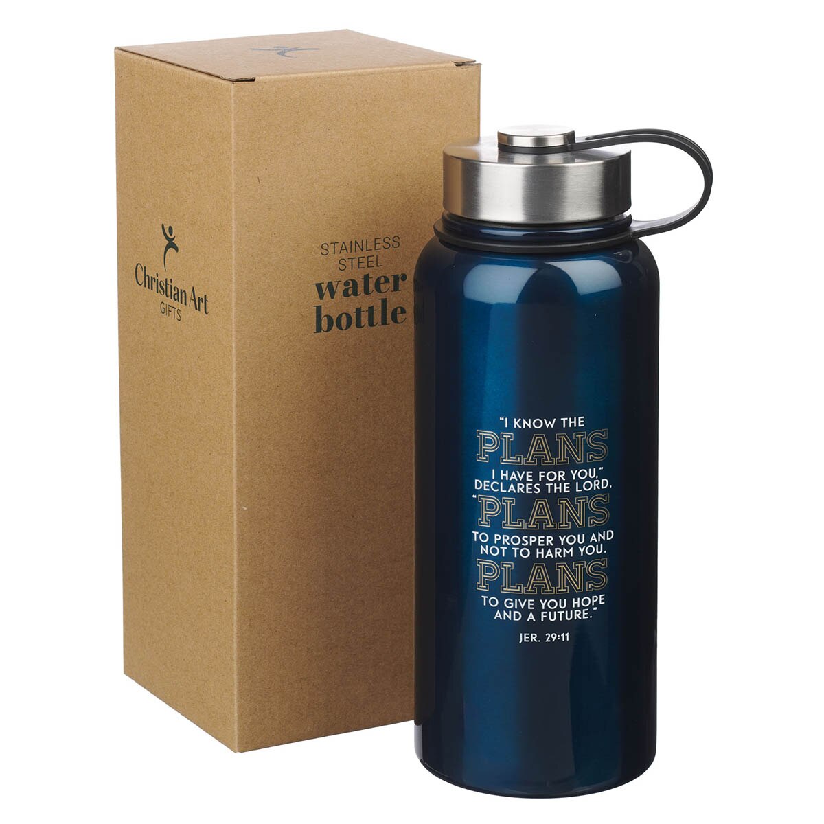 The Plans Navy Blue Stainless Steel Water Bottle - Jeremiah 29:11