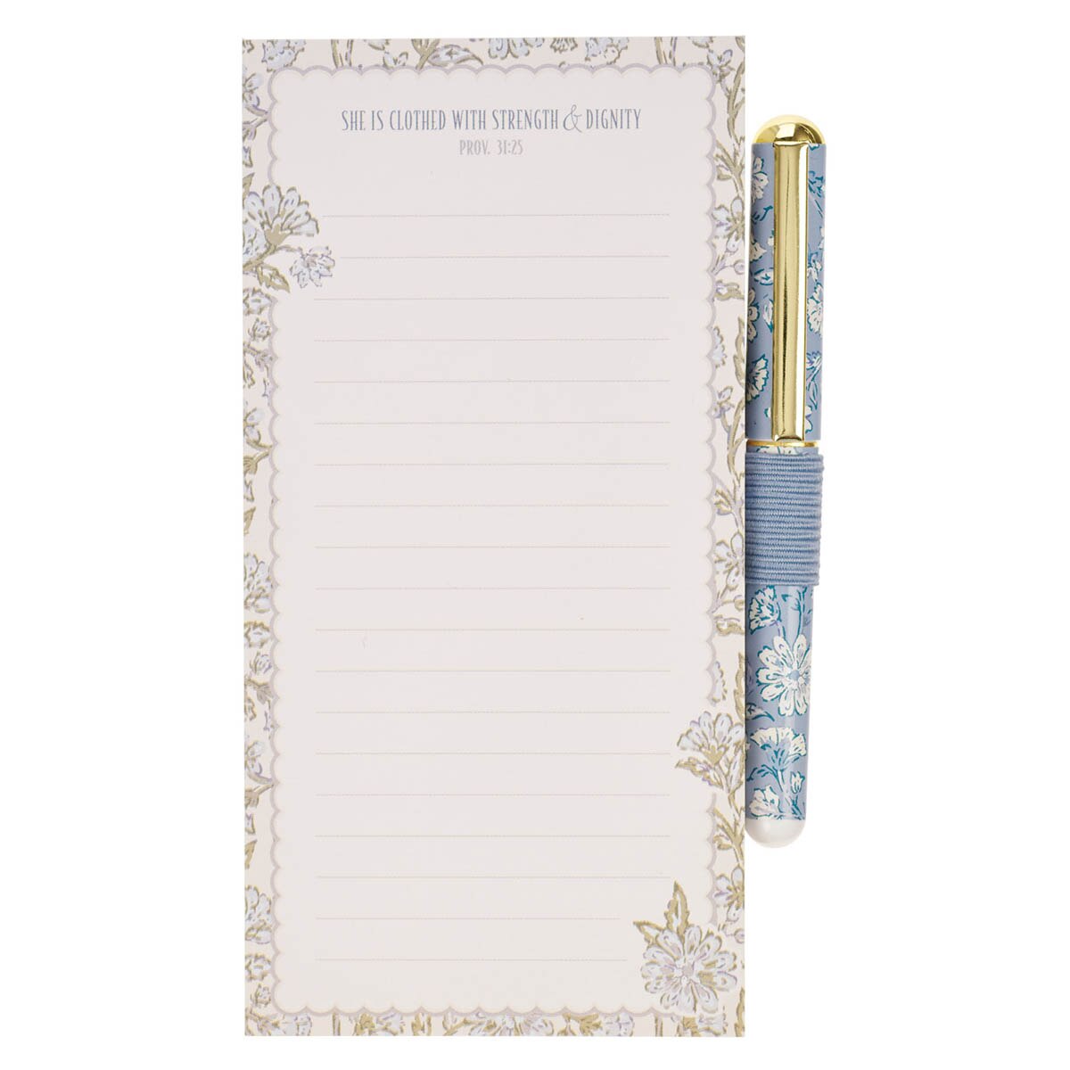 Strength and Dignity Blue Cottage Garden Magnetic Notepad and Pen Gift Set - Proverbs 31:25